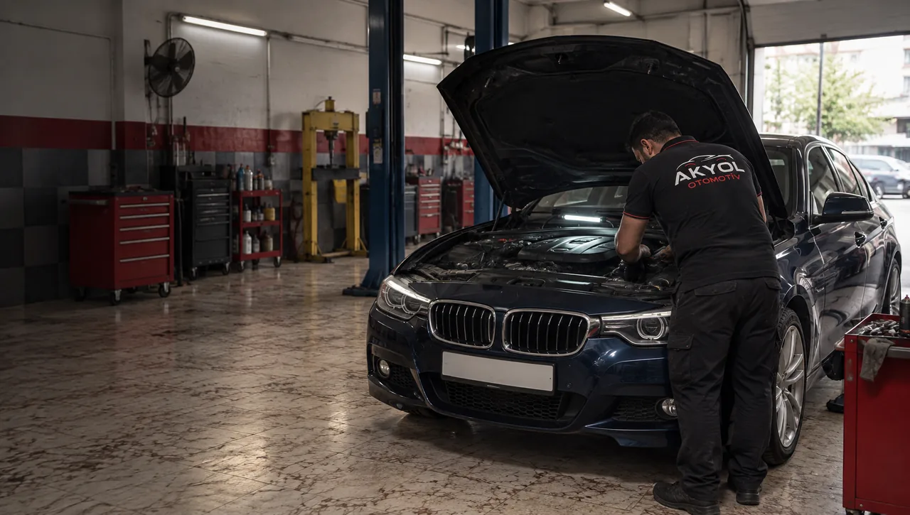 Kaputu açık lacivert BMW üzerinde çalışan usta